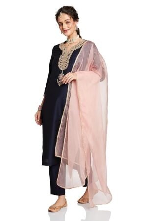 Amazon Brand - Myx Women's Embroidered Kurta Set with Organza Dupatta | Available in Plus Sizes