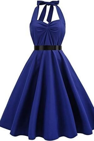 3nh Women's Rockabilly Polka-Dot Print Halter Strap Knee Length A-Line Dress