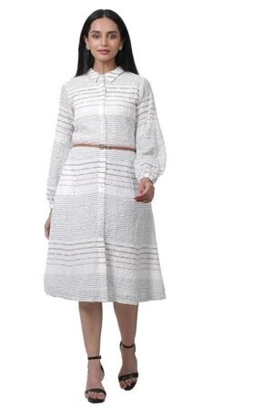 W for Woman White Striped Print Cotton Straight Dress