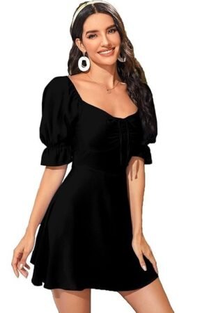 Aahwan Women's & Girls' Black Solid Ruched Detail A-line Mini Dress